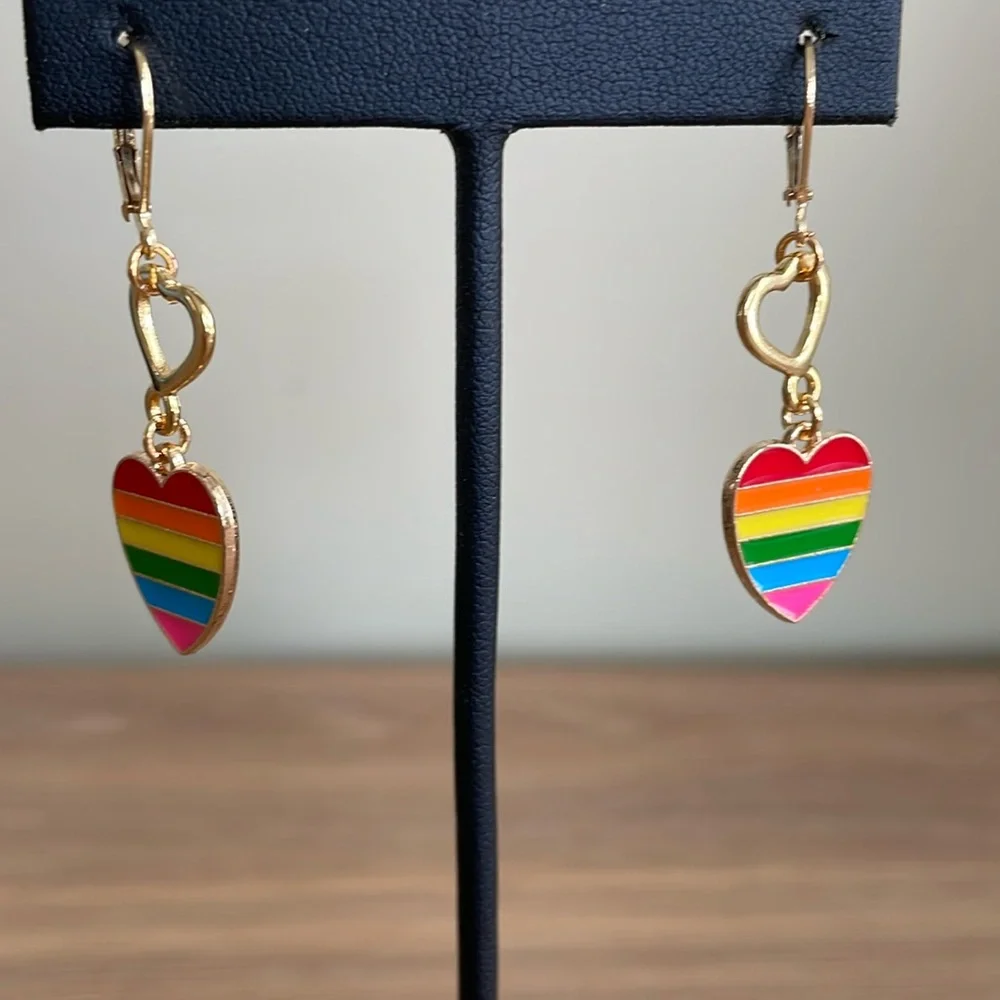 HAND CRAFTED FLOATING HEARTS PRIDE EARRINGS  Pink Blue Green Yellow Orange Red